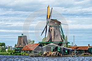 A wooden wind powered sawmill, Zaanse Schans a village near Zaandijk in the municipality of Zaanstad, North Holland