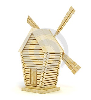 Wooden windmill back view on white background. 3d rende