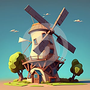 Wooden windmill in the countryside. Vector illustration of a cartoon style.