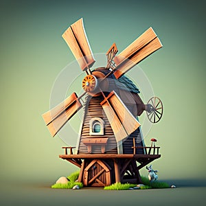 Wooden windmill on green background. 3d render illustration.