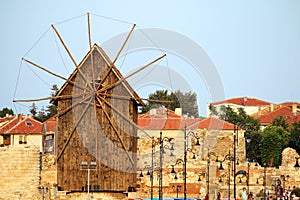 Wooden windmill landmark old town Nessebar