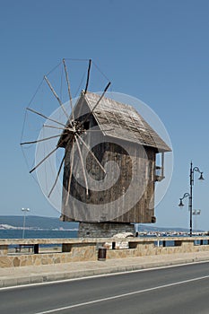 Wooden windmill in Nesebar - historical town  on the wester bank of the Black Sea, Bulgaria, Europe