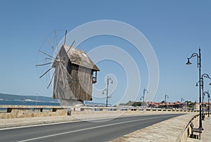 Wooden windmill in Nesebar - historical town  on the wester bank of the Black Sea, Bulgaria, Europe