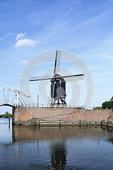 Wooden windmill at port of Fortified town Heusden, Brabant, Netherlands