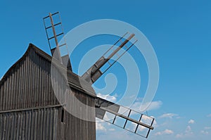 Wooden windmill rear view.