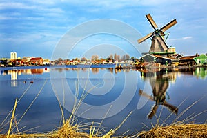Wooden Windmill River Zaan Zaanse Schans VHolland Netherlands photo