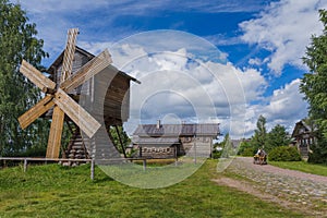 Wooden windmill in the village of Mandrogi Russia