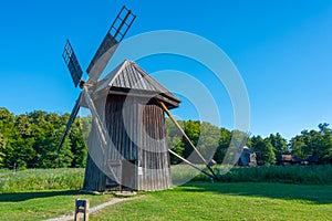 Wooden windmills at Astra ethnography museum in Sibiu, Romania