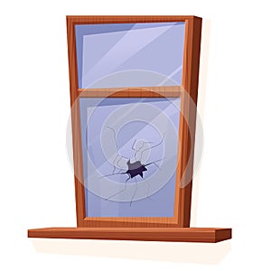 Wooden window with broken, cracked glass in cartoon style isolated on white background. Accident, abandoned construction