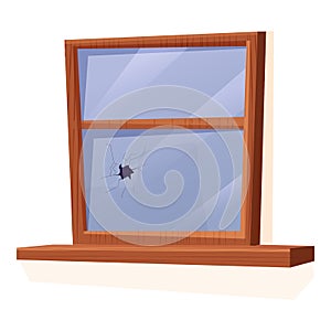 Wooden window with broken, cracked glass in cartoon style isolated on white background. Accident, abandoned construction