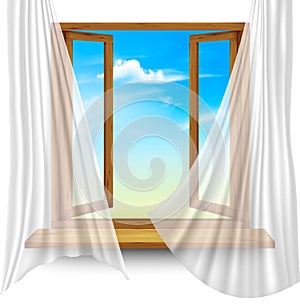 Wooden window frame with curtains