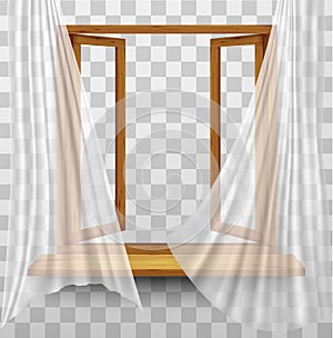 Wooden window frame with curtains