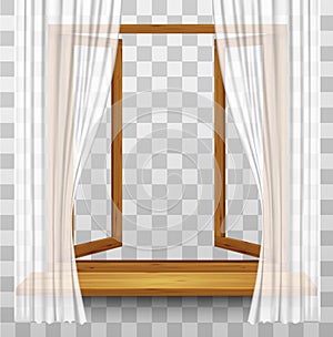 Wooden window frame with curtains on a transparent background.