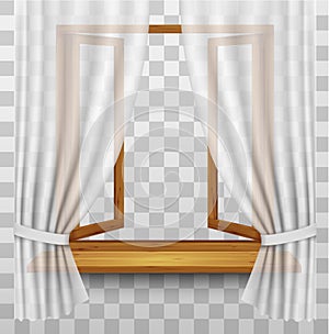 Wooden window frame with curtains on a transparent background.