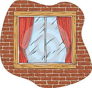 Wooden Window with Red Curtain on a Brick Wall