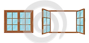 Wooden window template closed and open. Modern wooden mesh window two folding doors.
