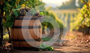 Wooden wine barrel on a background with vineyards.