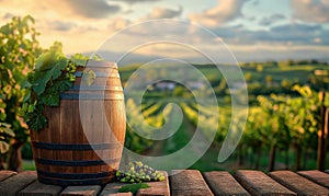 Wooden wine barrel on a background with vineyards.