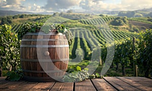 Wooden wine barrel on a background with vineyards.