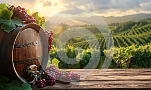 Wooden wine barrel on a background with vineyards.