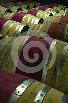 Wooden wine barrels in a basement