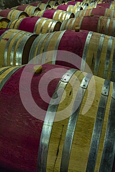 Wooden wine barrels in a basement