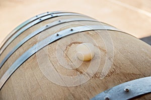 Wooden wine barrels are found at the winery. They are ready to pour or are already filled