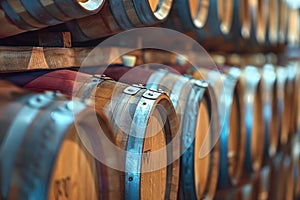 Wooden wine barrels in rustic winery cellar for delightful tasting tours