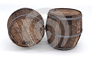 Wooden wine barrels on a white background. 3D render