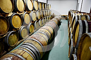 Wooden wine barrels in a wine cellar