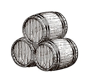 Wooden wine barrels. Winemaking, wine cellar, alcoholic drink sketch. Hand drawn vintage vector illustration