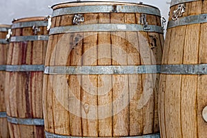 wooden wine vats close up