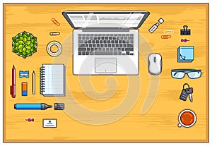 Wooden work desk workspace top view with laptop computer and a lot of different stationery objects on table with copy space. All photo