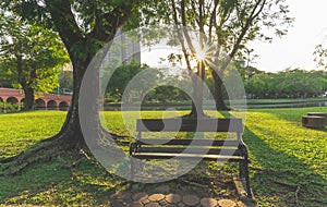 A wooden and wrought iron bench on fresh green carpet grass yard, smooth lawn under green trees beside a lake and brown bridge