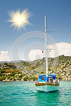 Wooden yacht in the bay. Turkey. Kekova. photo