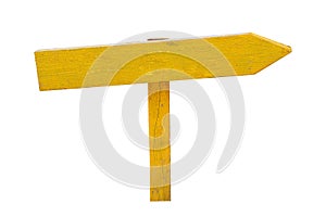 Wooden yellow arrow direction sign isolated on white