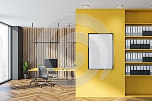 Wooden and yellow manager room with furniture and shelf, mockup poster