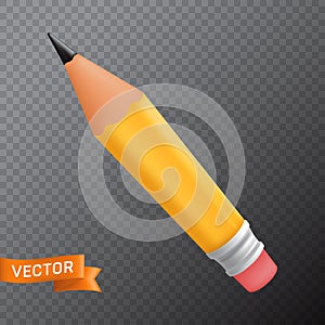 Wooden yellow office graphit pencil with a rubber eraser. 3D realistic vector illustration isolated on transparent background