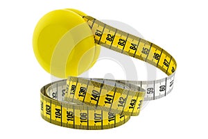 A wooden yellow YoYo with yellow measuring tape