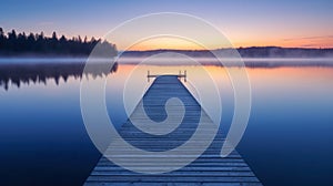 Woodenpier or jetty on lake at a foggy sunrise. Relax, vacations, or work life balance theme