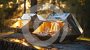 The woodfired solar ovens glimmer in the firelight their metal surfaces reflecting the dancing flames. 2d flat cartoon