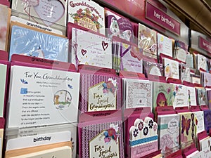 Woodinville, WA USA - circa December 2022: Angled, selective focus on greeting cards for sale inside the gift section of a Haggen