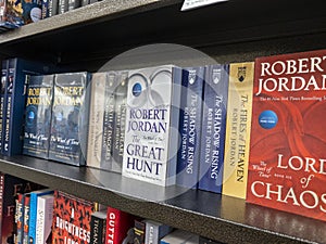 Woodinville, WA USA - circa February 2022: Angled view of the Wheel of Time series lined up on a shelf inside a Barnes and Noble