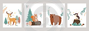 Woodland animals card. Cute deer, squirrel and woodpecker, bear forest cartoon characters and fir-tree, branches with