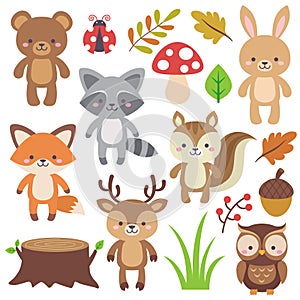 Cute woodland animals clip art elements vector set. Illustration of forest animals in cartoon flat style. Wild animals graphics.