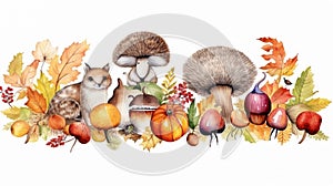 Woodland animals and fall floral composition. Cute autumn hand-painted border. ai generative