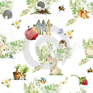 Woodland Animals watercolor forest illustration baby seamless pattern