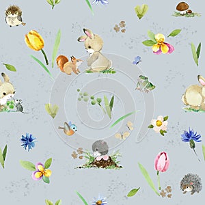 Woodland Animals watercolor seamless pattern