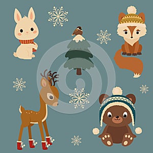 Woodland animals winter time. White bunny/rabbit, fox, sparrow o