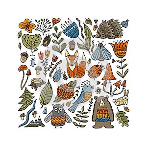 Woodland background. Forest animals in cartoon style. Ideas for kids design - posters, cards, banners etc